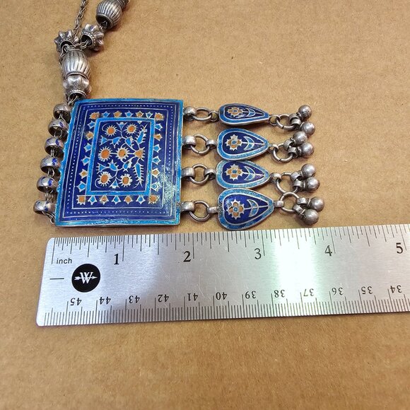 Vintage Ethnic Tribal Necklace with Striking Blue Floral Design Enamel Pendant - Picture 7 of 14